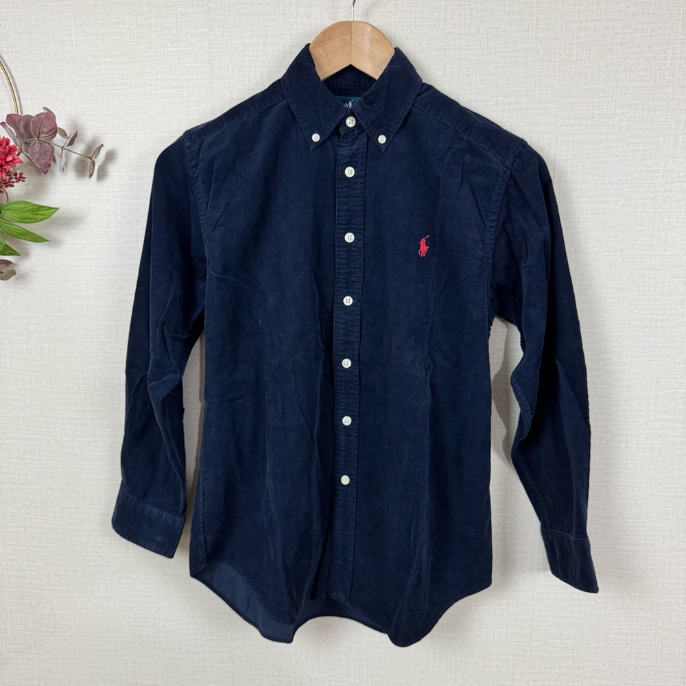 RALPH LAUREN Boys Corduroy Navy Blue Button Down Cotton Shirt size Medium 10-12